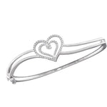 Sterling Silver Womens Round Diamond Double Heart Bangle Bracelet 1/20 Cttw