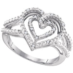 Sterling Silver Womens Round Diamond Nested Double Heart Ring 1/20 Cttw