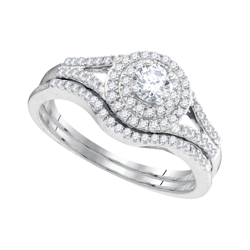10k White Gold Womens Round Diamond Concentric Halo Bridal Wedding Engagement Ring Set 1/2 Cttw