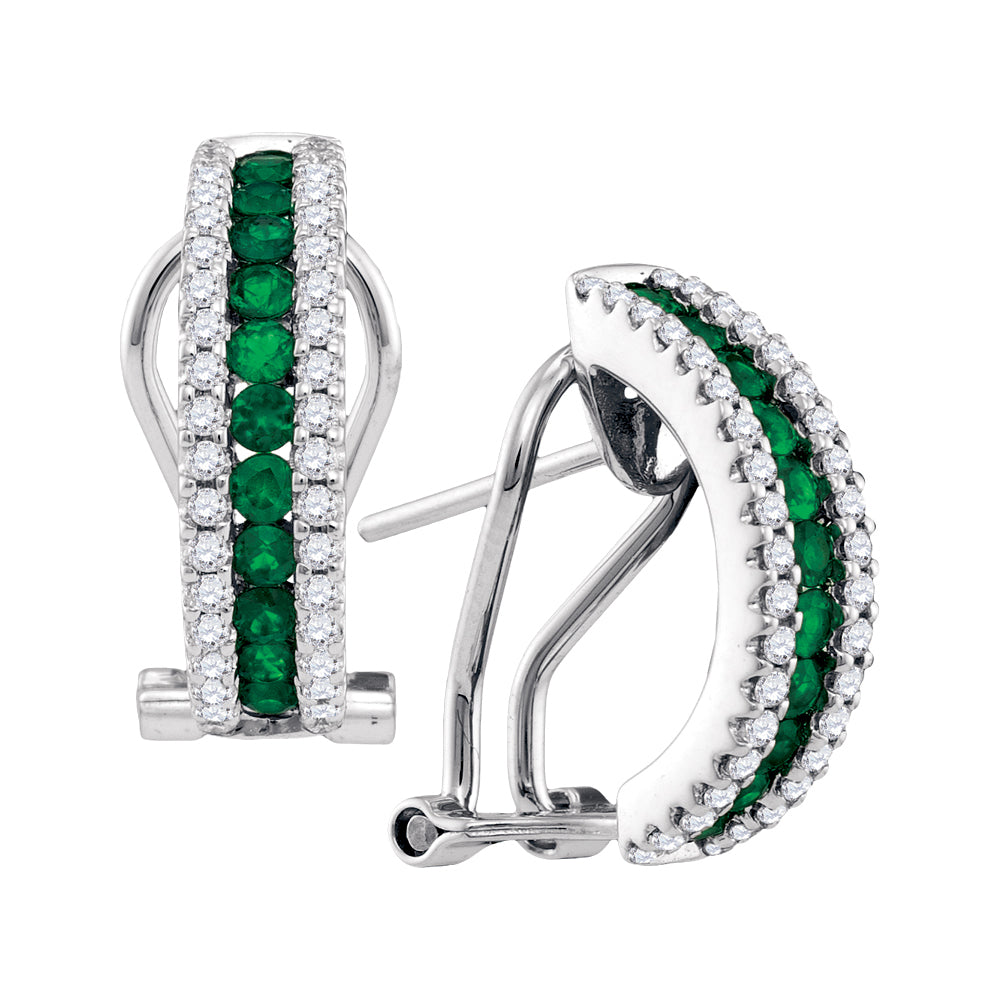 14kt White Gold Womens Round Emerald Diamond Striped French-clip Hoop Earrings 5/8 Cttw