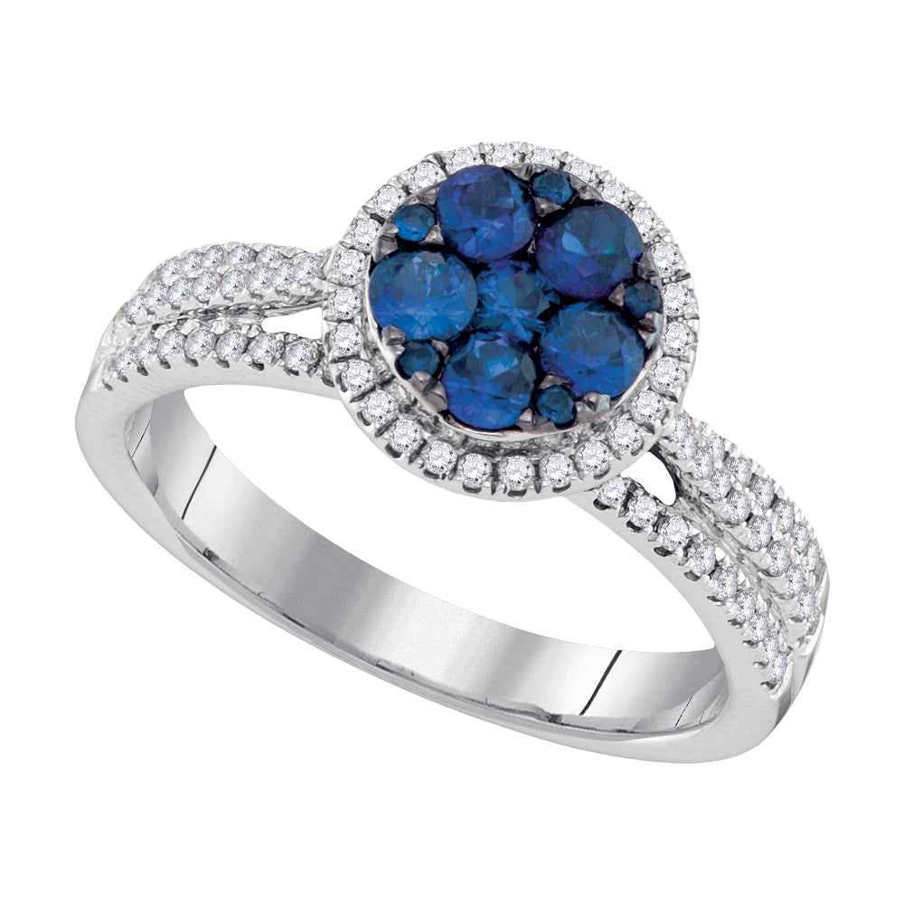 14kt White Gold Womens Round Blue Sapphire Cluster Circle Frame Diamond Ring 7/8 Cttw