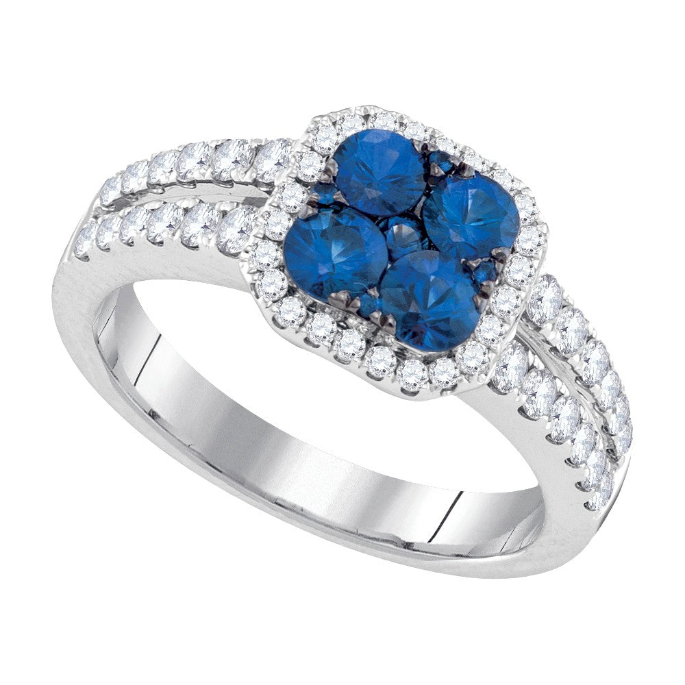 14kt White Gold Womens Round Blue Sapphire Cluster Diamond Halo Bridal Ring 1-1/3 Cttw