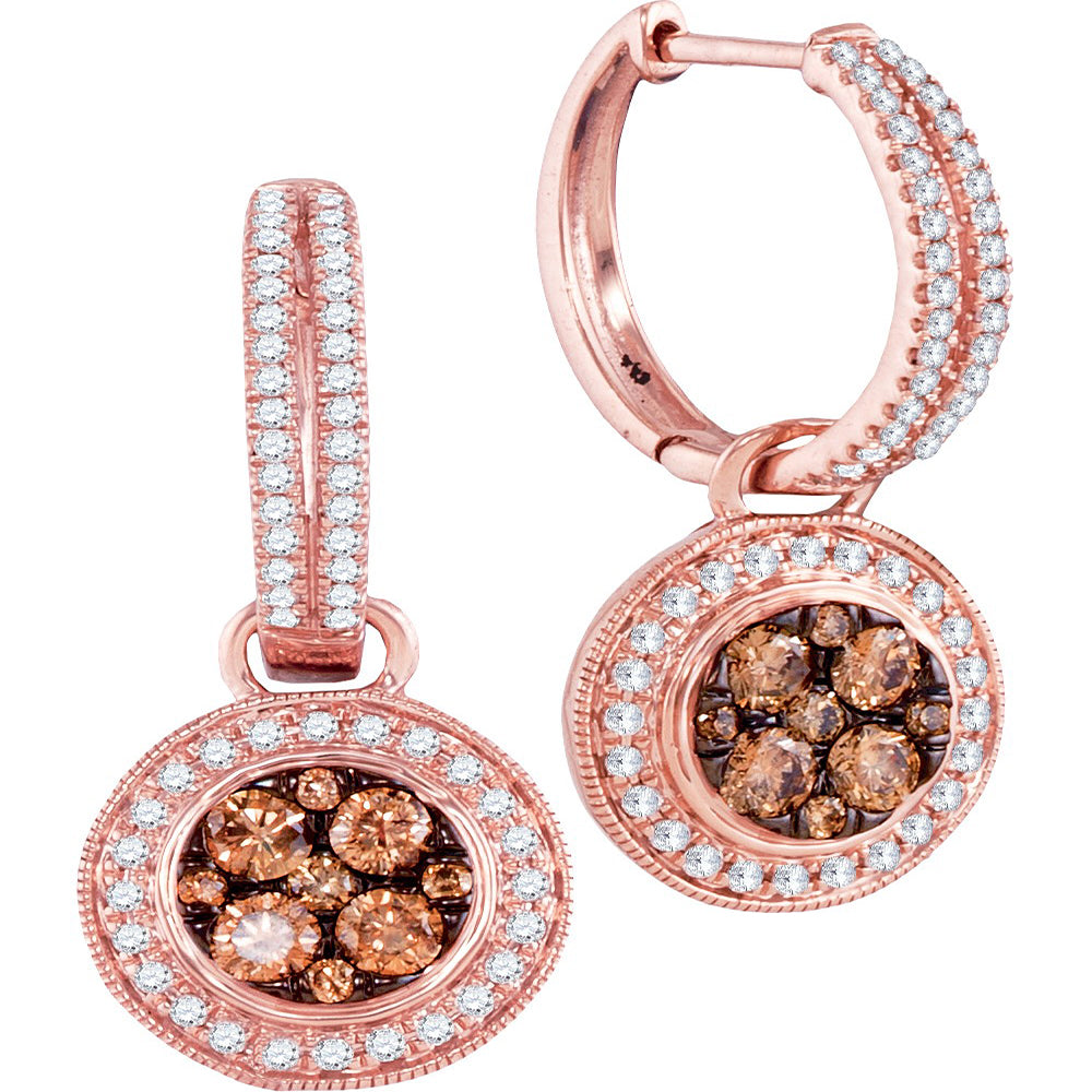 14kt Rose Gold Womens Round Cognac-brown Color Enhanced Diamond Circle Cluster Dangle Earrings 1-1/20 Cttw