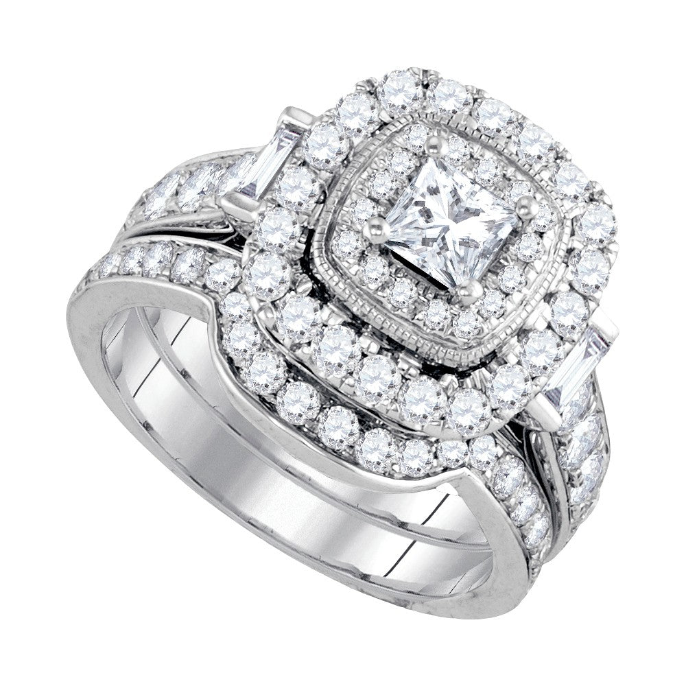 14kt White Gold Womens Princess Diamond Halo Bridal Wedding Engagement Ring Band Set 2.00 Cttw