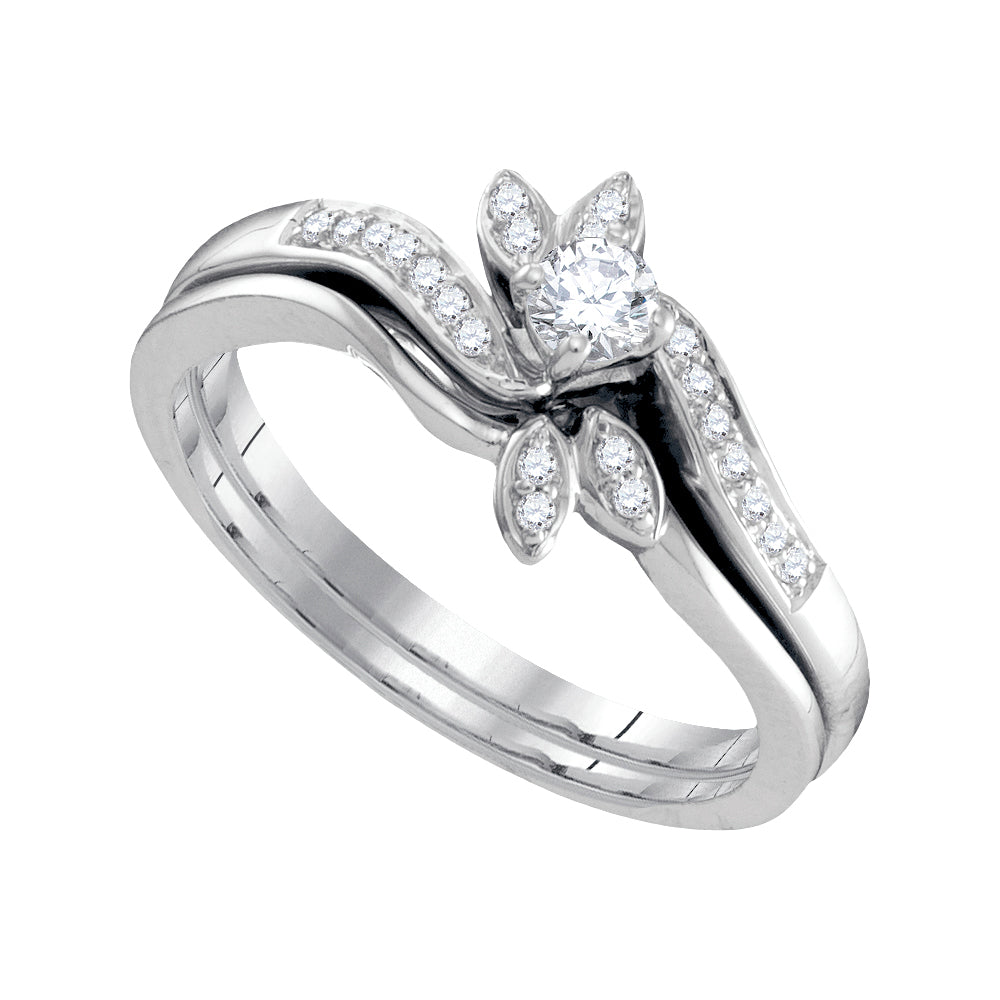 10kt White Gold Womens Round Diamond Leaf Floral Bridal Wedding Engagement Ring Band Set 1/4 Cttw