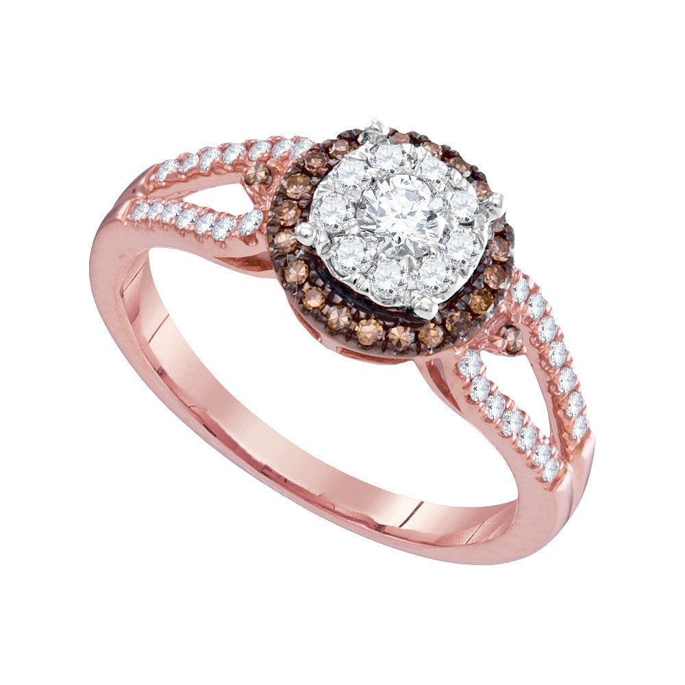 14kt Rose Gold Womens Round Diamond Solitaire & Brown Halo Bridal Wedding Engagement Ring 1/2 Cttw