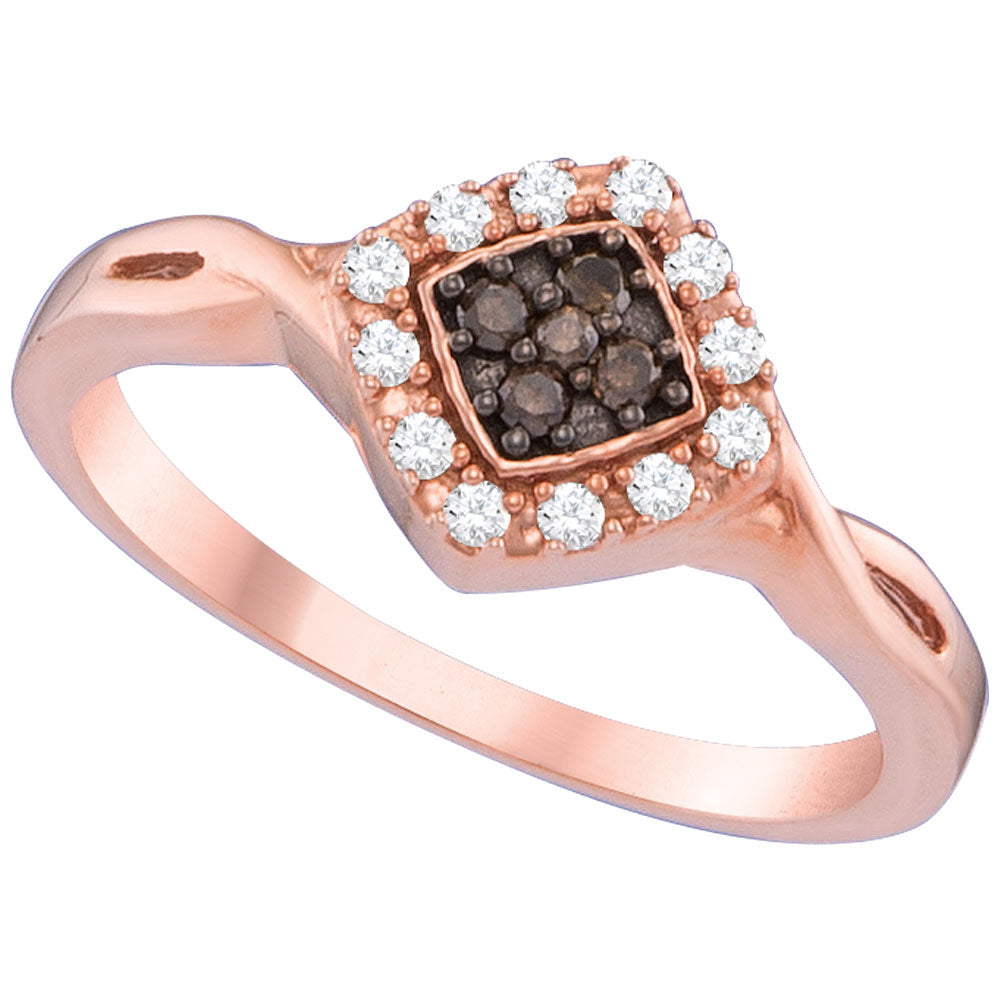 10kt Rose Gold Womens Round Cognac-brown Color Enhanced Diamond Cluster Ring 1/5 Cttw