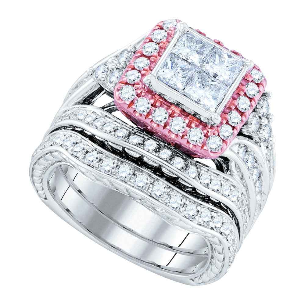 14kt White Gold Womens Princess Diamond Bridal Wedding Engagement Ring Band Set 2-7/8 Cttw