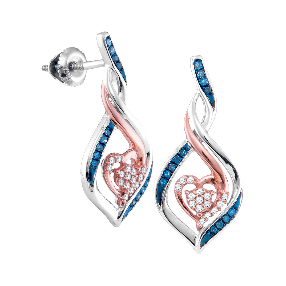 10kt White Gold Womens Round Blue Color Enhanced Diamond Rose-tone Heart Earrings 1/6 Cttw