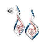 10kt White Gold Womens Round Blue Color Enhanced Diamond Rose-tone Heart Earrings 1/6 Cttw