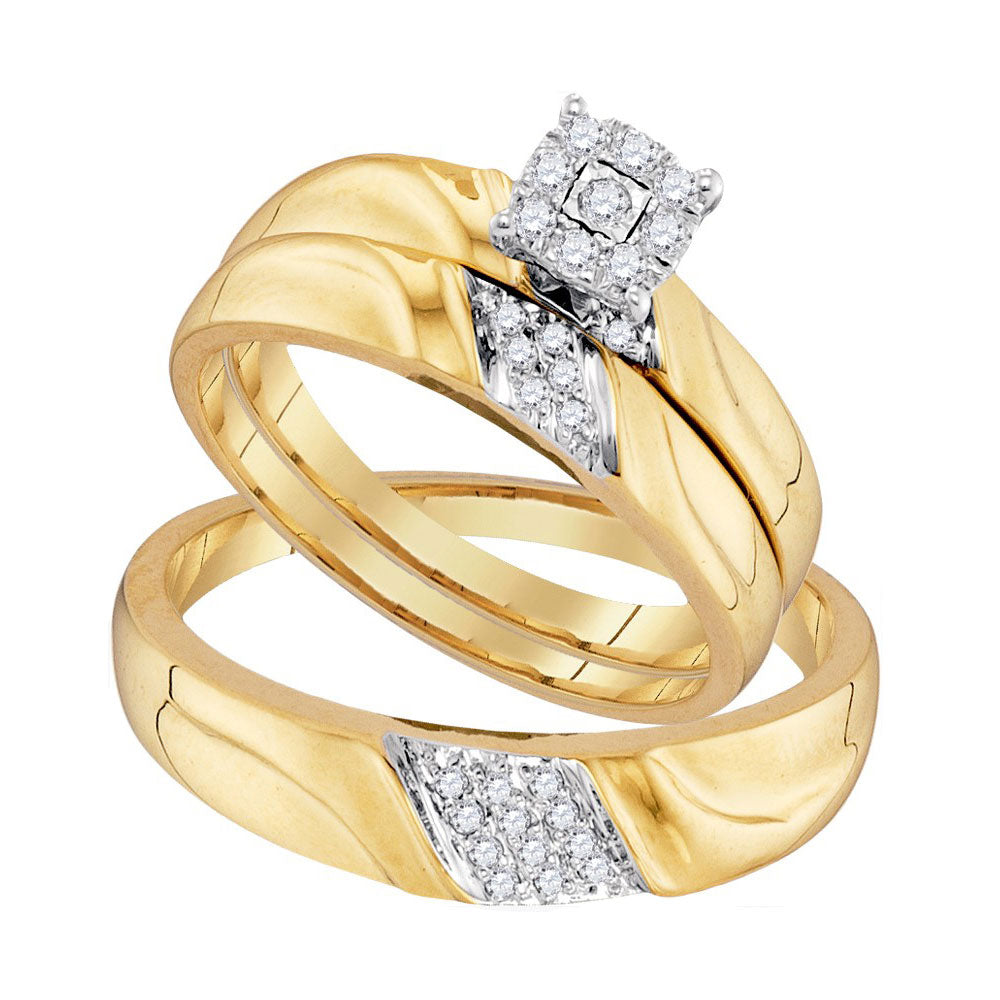 10kt Yellow Gold His & Hers Round Diamond Solitaire Matching Bridal Wedding Ring Band Set 1/5 Cttw