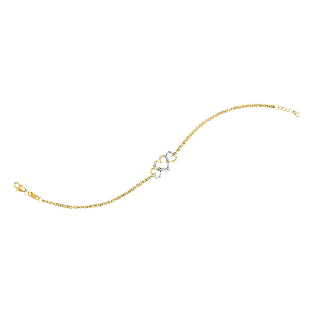 10kt Yellow Gold Womens Round Diamond Triple Heart Chain Bracelet 1/10 Cttw