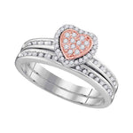 10kt White Gold Womens Round Diamond Rose-tone Heart Bridal Wedding Engagement Ring Band Set 1/4 Cttw