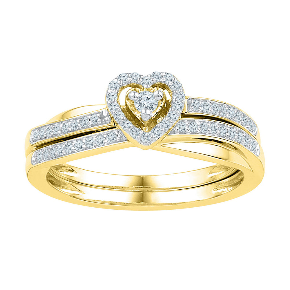 10kt Yellow Gold Womens Round Diamond Heart Bridal Wedding Engagement Ring Band Set 1/4 Cttw