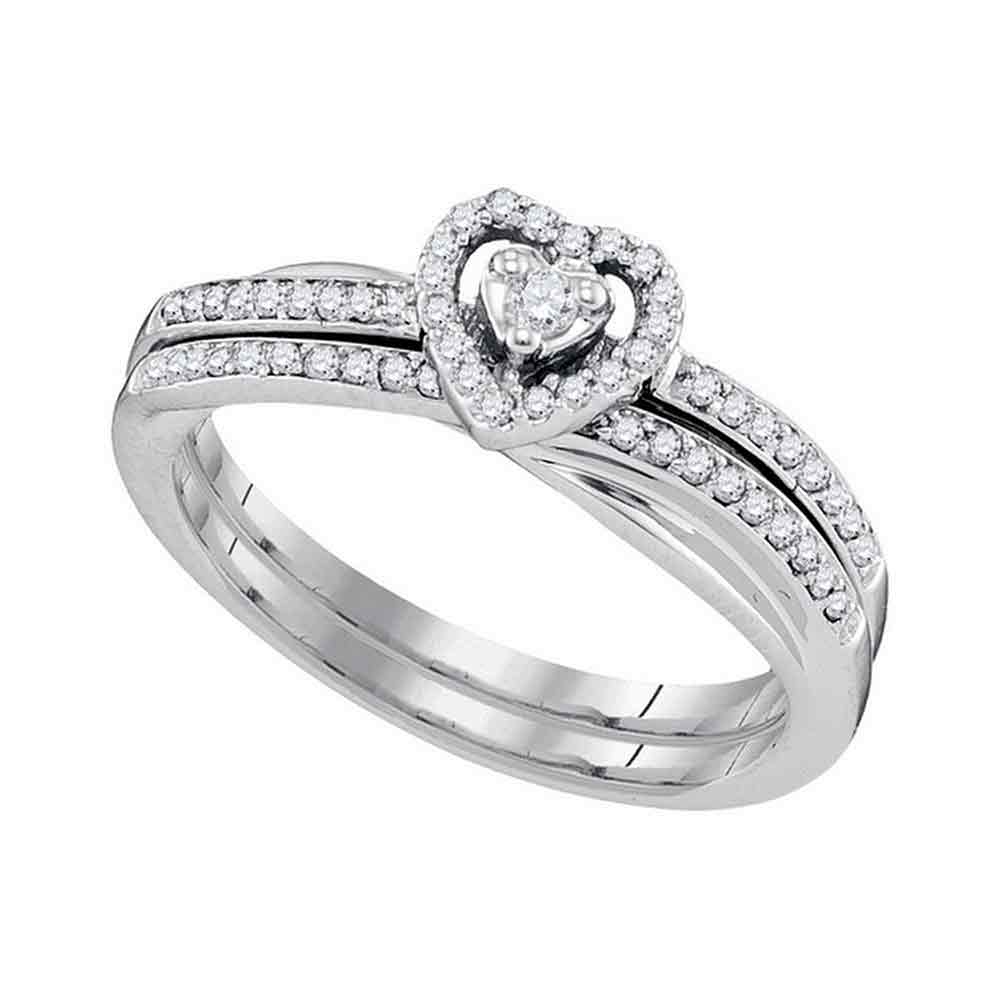 10kt White Gold Womens Round Diamond Heart Bridal Wedding Engagement Ring Band Set 1/4 Cttw