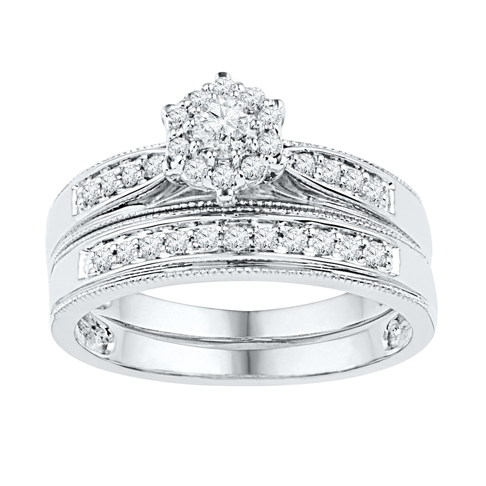10kt White Gold Womens Round Diamond Bridal Wedding Engagement Ring Band Set 3/8 Cttw
