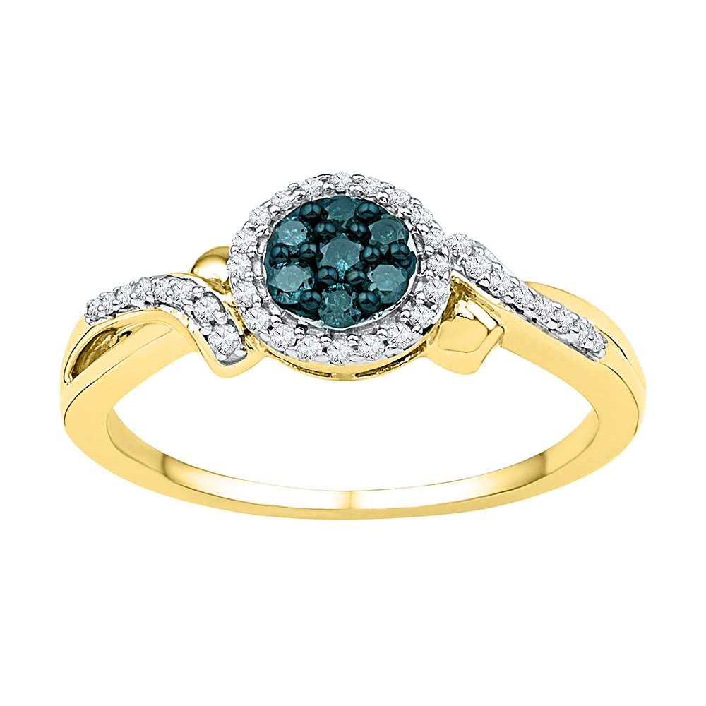 10kt Yellow Gold Womens Round Blue Color Enhanced Diamond Cluster Ring 1/4 Cttw