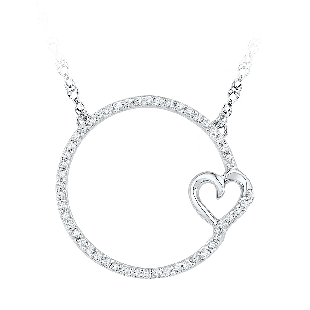 10kt White Gold Womens Round Diamond Circle Heart Pendant Necklace 1/5 Cttw
