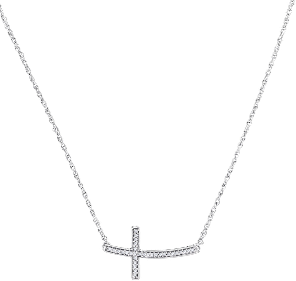 10kt White Gold Womens Round Diamond Horizontal Cross Pendant Necklace 1/10 Cttw