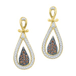 10kt Yellow Gold Womens Round Brown Color Enhanced Diamond Teardrop Dangle Earrings 1/3 Cttw