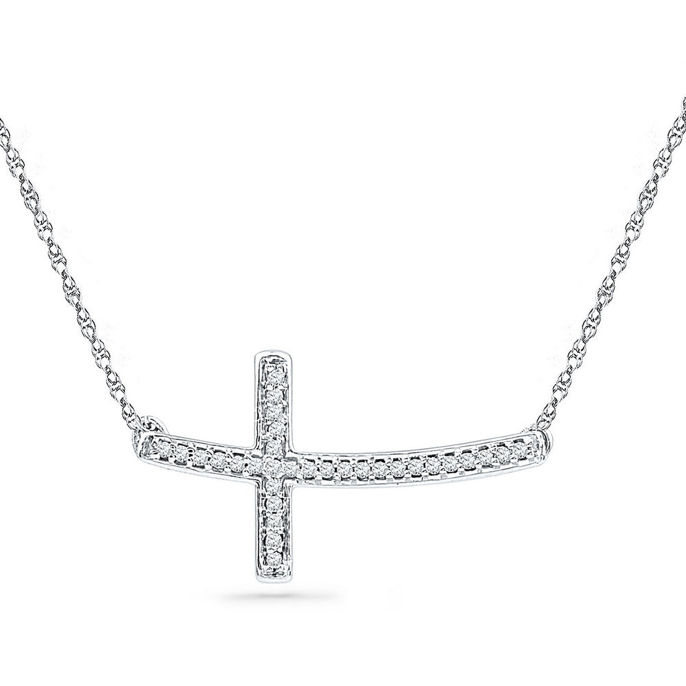 Sterling Silver Womens Round Diamond Horizontal Sideways Cross Necklace 1/10 Cttw