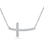 Sterling Silver Womens Round Diamond Horizontal Sideways Cross Necklace 1/10 Cttw