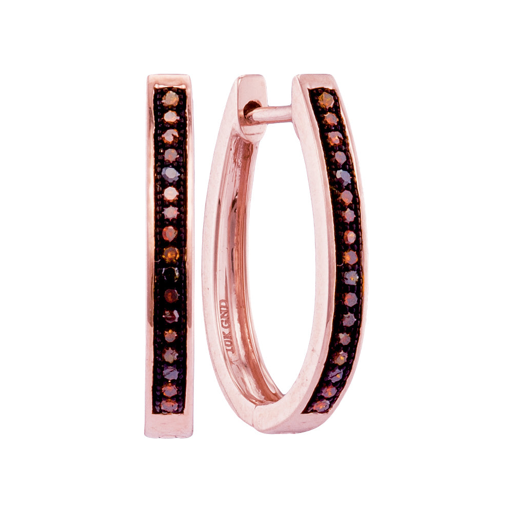 10kt Rose Gold Womens Round Red Color Enhanced Diamond Oblong Hoop Earrings 1/10 Cttw