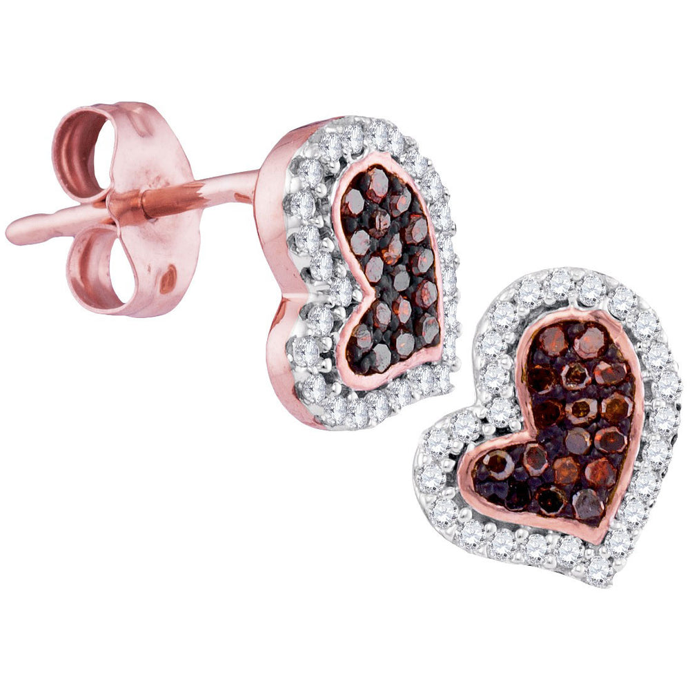 10kt Rose Gold Womens Round Red Color Enhanced Diamond Heart Stud Screwback Earrings 1/6 Cttw