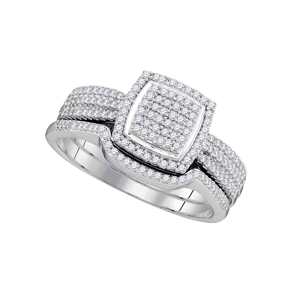 10kt White Gold Womens Round Diamond Square Cluster Bridal Wedding Engagement Ring Band Set 1/2 Cttw