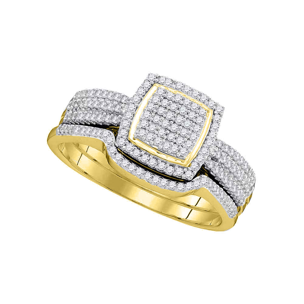 10kt Yellow Gold Womens Round Diamond Square Cluster Bridal Wedding Engagement Ring Band Set 1/2 Cttw