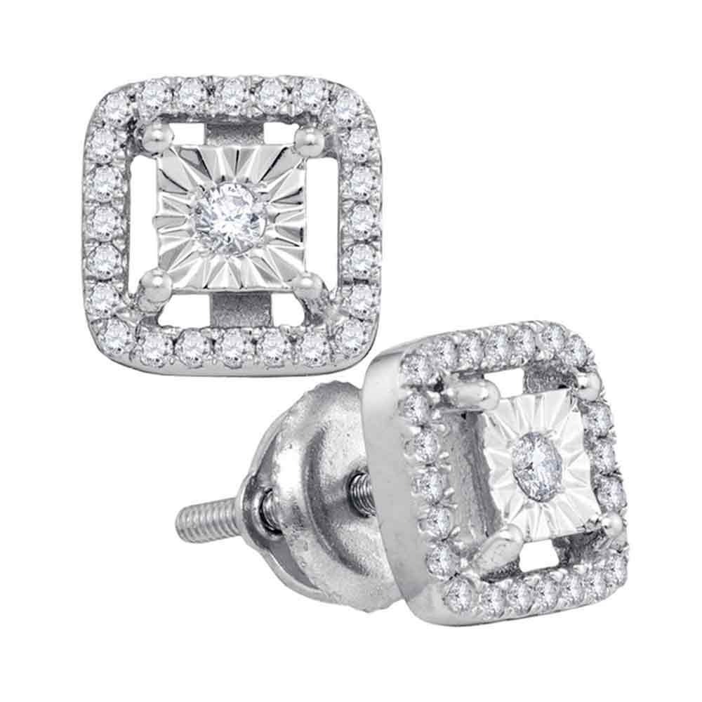 Sterling Silver Womens Round Diamond Miracle Solitaire Square Stud Earrings 1/4 Cttw