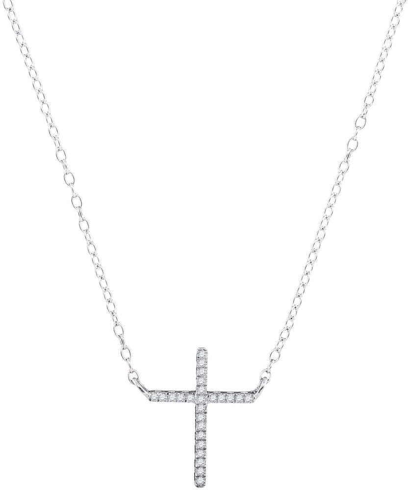 10kt White Gold Womens Round Diamond Cross Religious Pendant Necklace 1/12 Cttw