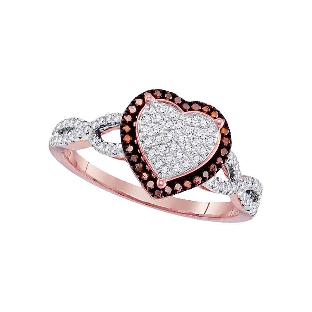 10kt Rose Gold Womens Round Red Color Enhanced Diamond Heart Cluster Ring 1/6 Cttw