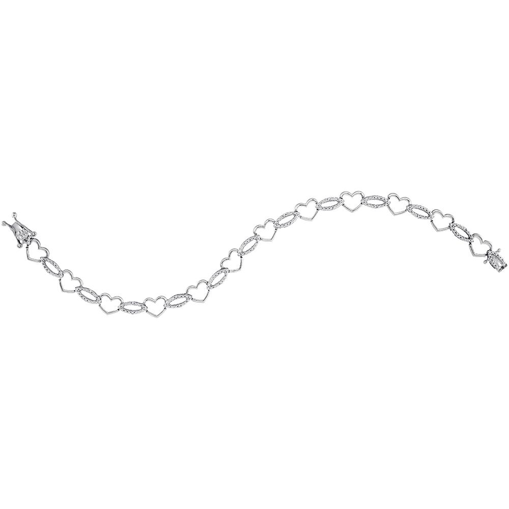 Sterling Silver Womens Round Diamond Heart Outline Link Bracelet 1/6 Cttw