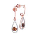 10kt Rose Gold Womens Round Red Color Enhanced Diamond Heart Dangle Earrings 1/5 Cttw