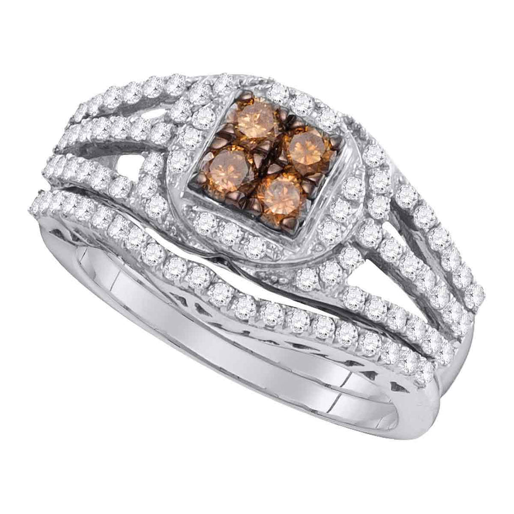 10kt White Gold Womens Round Cognac-brown Color Enhanced Diamond Bridal Wedding Engagement Ring Band Set 1 Cttw