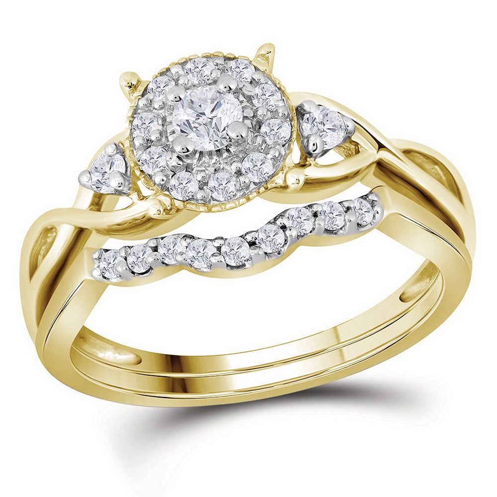 10kt Yellow Gold Womens Round Diamond Halo Twist Bridal Wedding Engagement Ring Band Set 1/3 Cttw