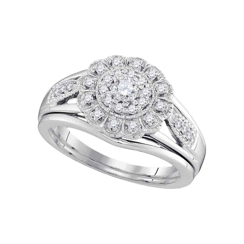 10kt White Gold Womens Round Diamond Floral Halo Bridal Wedding Engagement Ring Band Set 1/3 Cttw