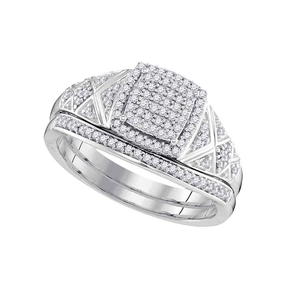 10kt White Gold Womens Round Diamond Square Bridal Wedding Engagement Ring Band Set 1/3 Cttw