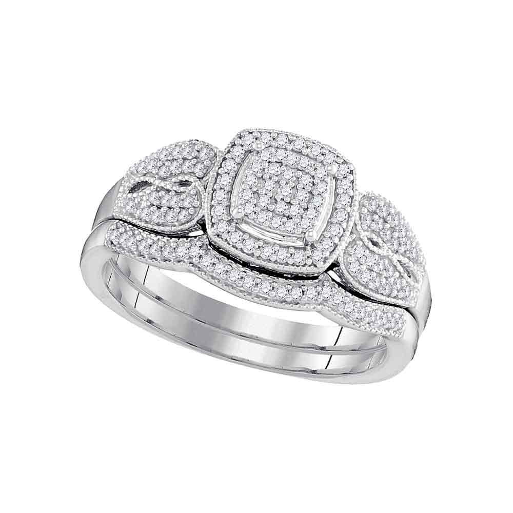 10kt White Gold Womens Round Diamond Square Bridal Wedding Engagement Ring Band Set 1/3 Cttw