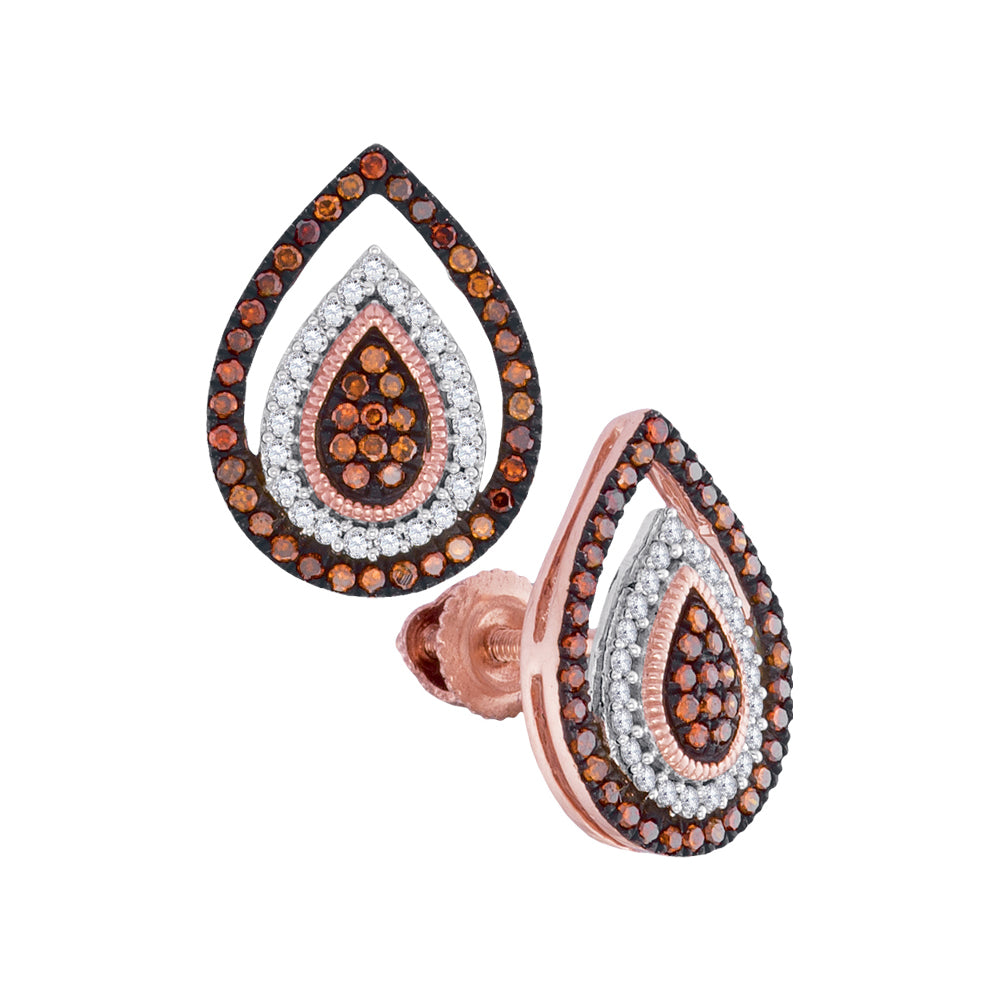 10kt Rose Gold Womens Round Red Color Enhanced Diamond Framed Teardrop Cluster Earrings 1/3 Cttw