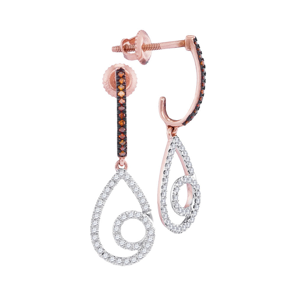 10kt Rose Gold Womens Round Red Color Enhanced Diamond Teardrop Dangle Earrings 1/4 Cttw