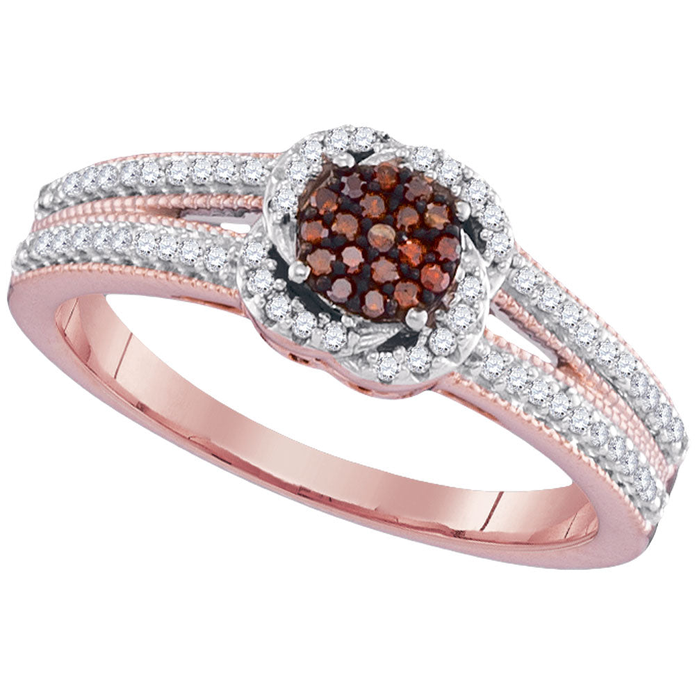 10kt Rose Gold Womens Round Red Color Enhanced Diamond Cluster Ring 1/4 Cttw