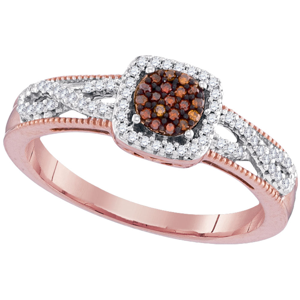 10kt Rose Gold Womens Round Red Color Enhanced Diamond Square Frame Cluster Twist Ring 1/5 Cttw