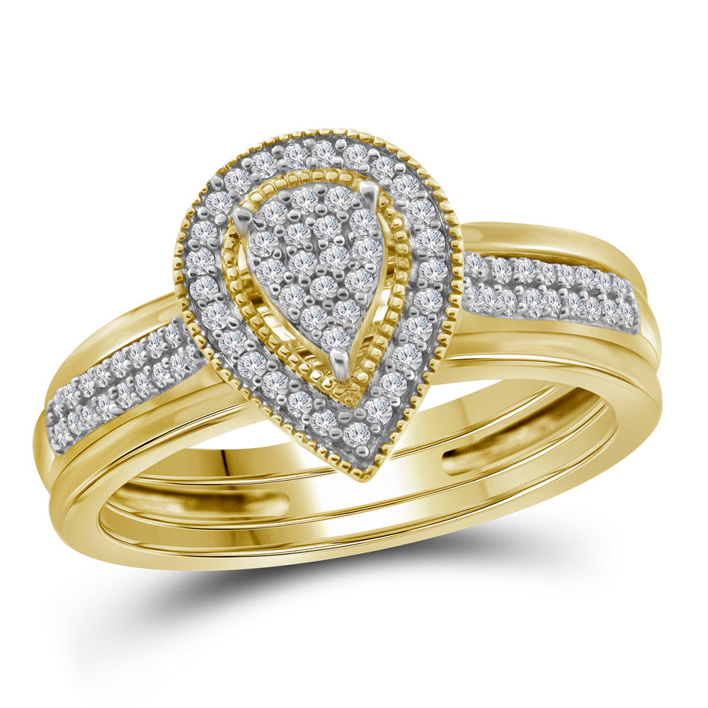 10kt Yellow Gold Womens Diamond Teardrop Cluster Bridal Wedding Engagement Ring Band Set 1/5 Cttw