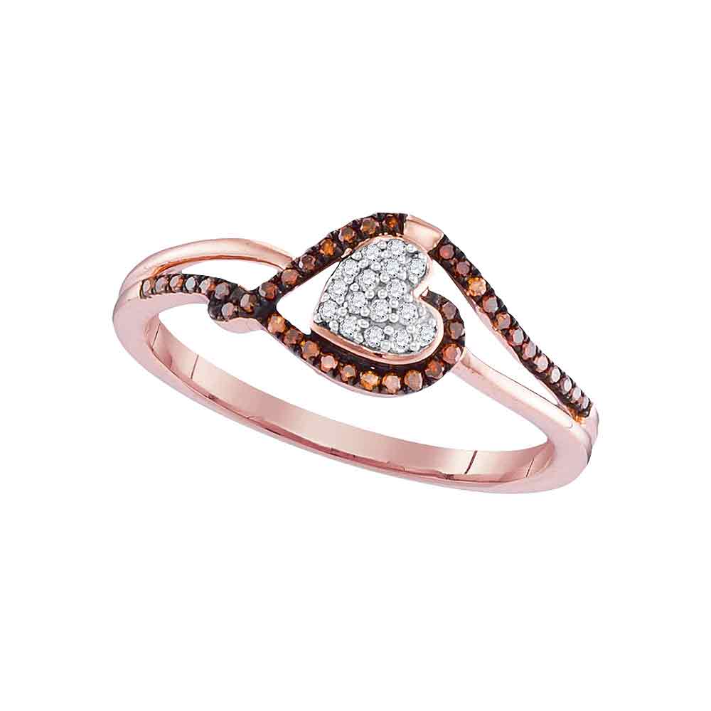 10kt Rose Gold Womens Round Red Color Enhanced Diamond Heart Cluster Ring 1/6 Cttw