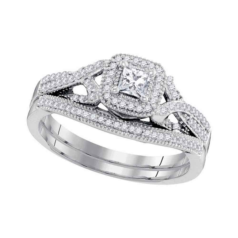10kt White Gold Womens Diamond Princess Bridal Wedding Engagement Ring Band Set 3/8 Cttw