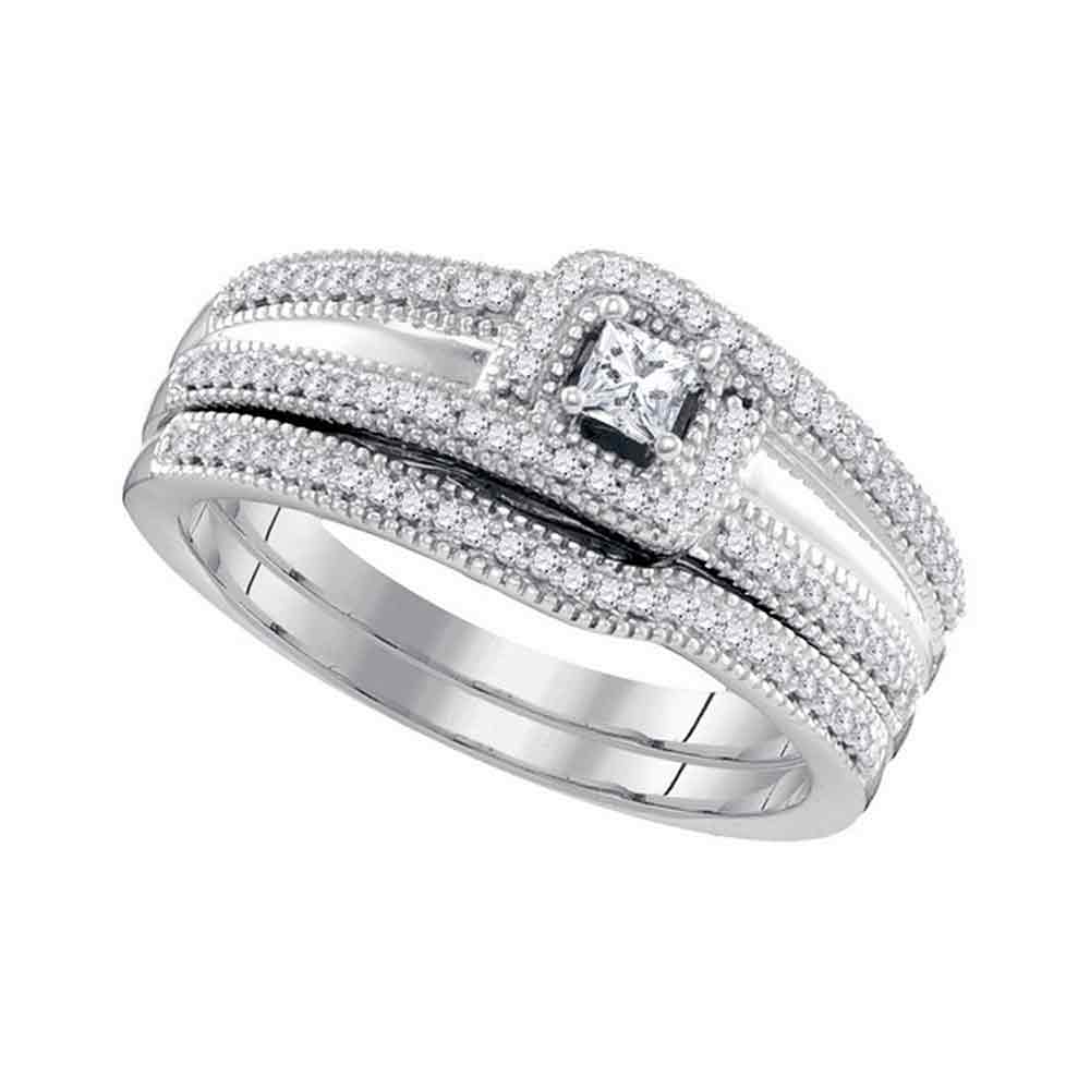 10k White Gold Princess Diamond Bridal Wedding Engagement Ring Band Set 1/3 Cttw