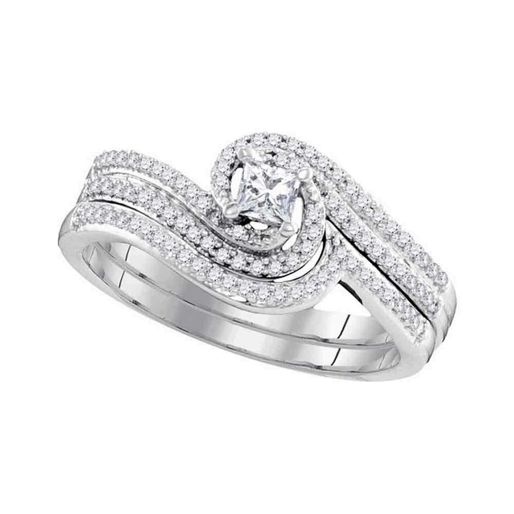 10k White Gold Princess Diamond Bridal Wedding Engagement Ring Band Set 3/8 Cttw