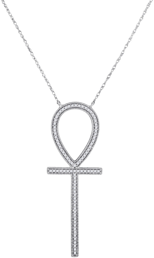 10kt White Gold Womens Round Diamond Ankh Cross Religious Pendant Necklace with 18" Chain 1/4 Cttw